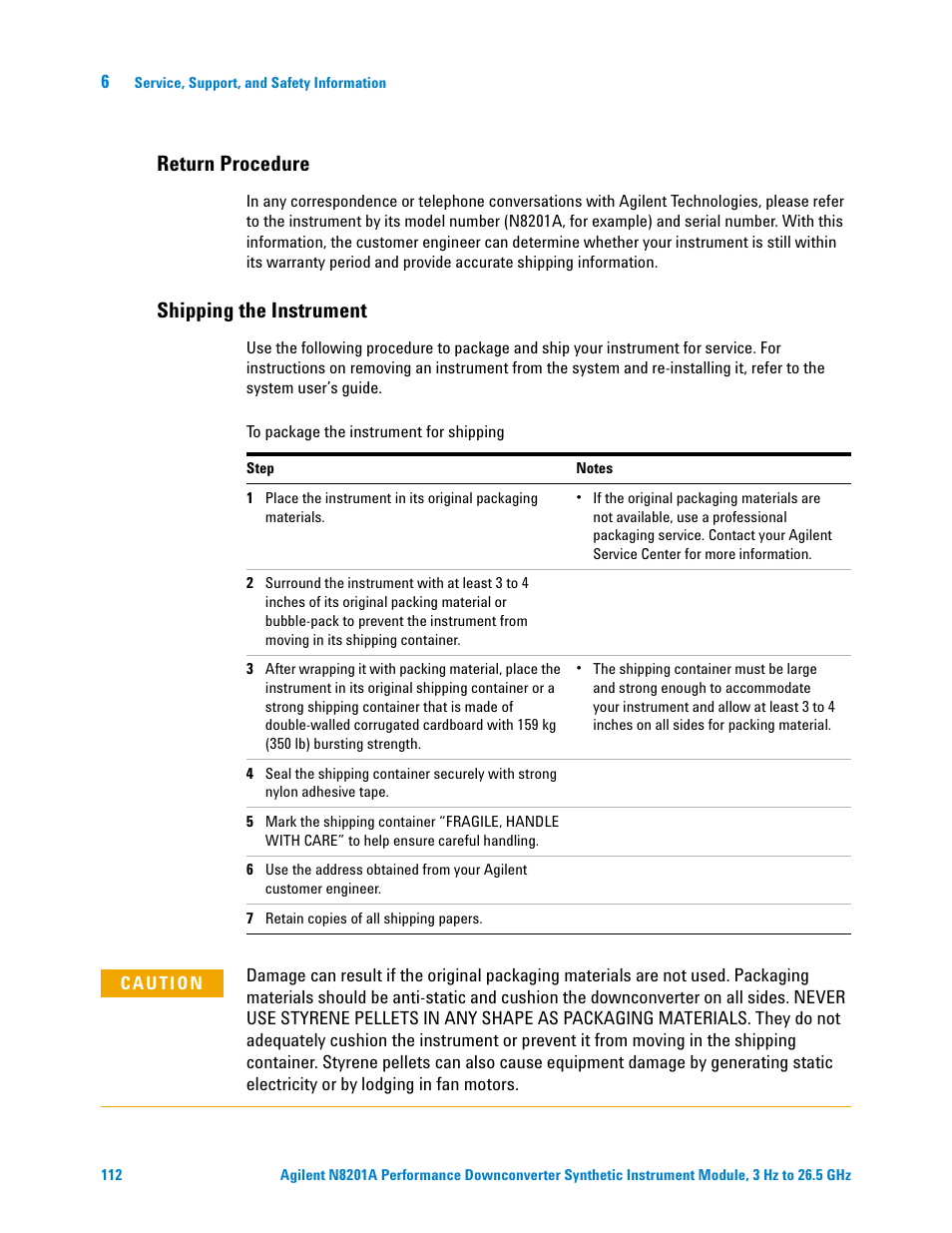 Return procedure, Shipping the instrument | Agilent Technologies N8201A User Manual | Page 116 / 122