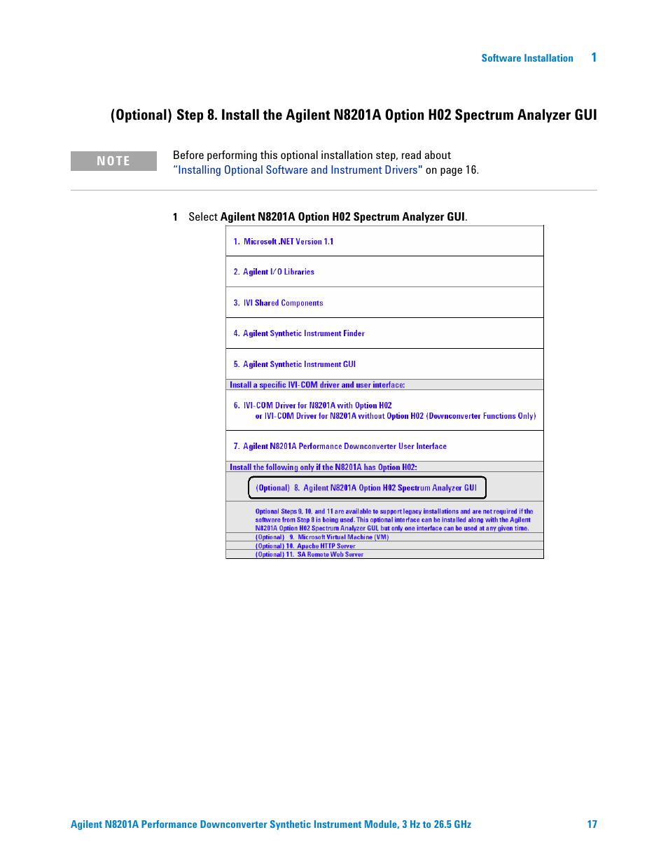 Spectrum analyzer gui, Optional) step 8. install the agilent n8201a, Option h02 spectrum analyzer gui | Agilent Technologies N8201A User Manual | Page 21 / 122