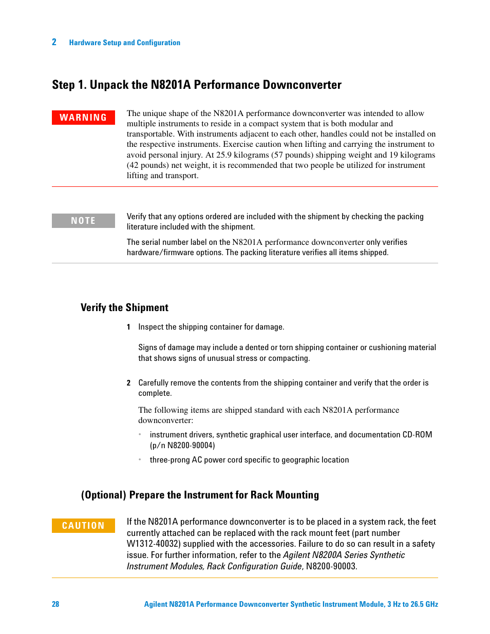 Verify the shipment, Optional) prepare the instrument for rack mounting | Agilent Technologies N8201A User Manual | Page 32 / 122