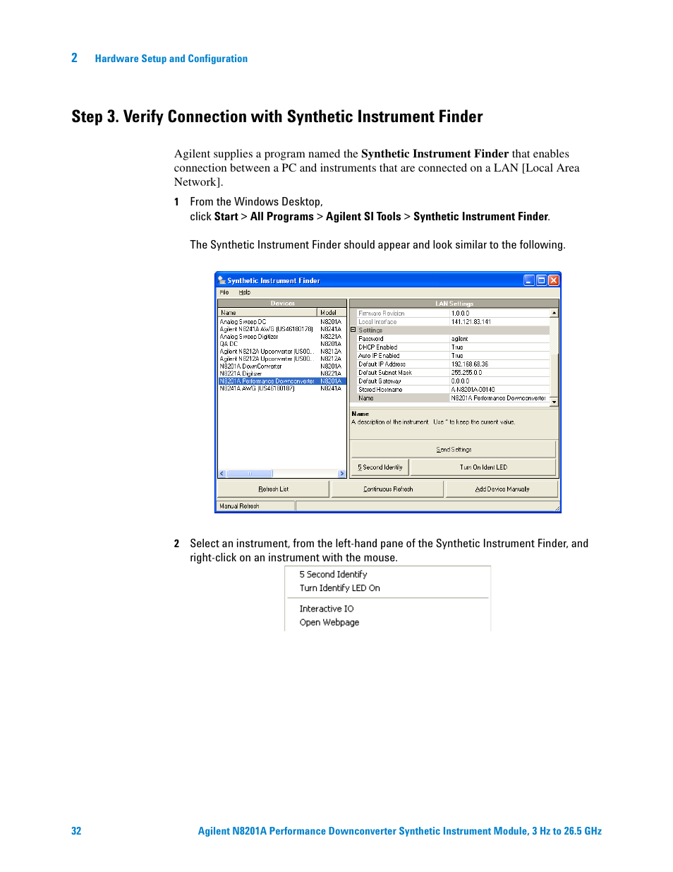 Step 3. verify, Connection with synthetic instrument finder | Agilent Technologies N8201A User Manual | Page 36 / 122