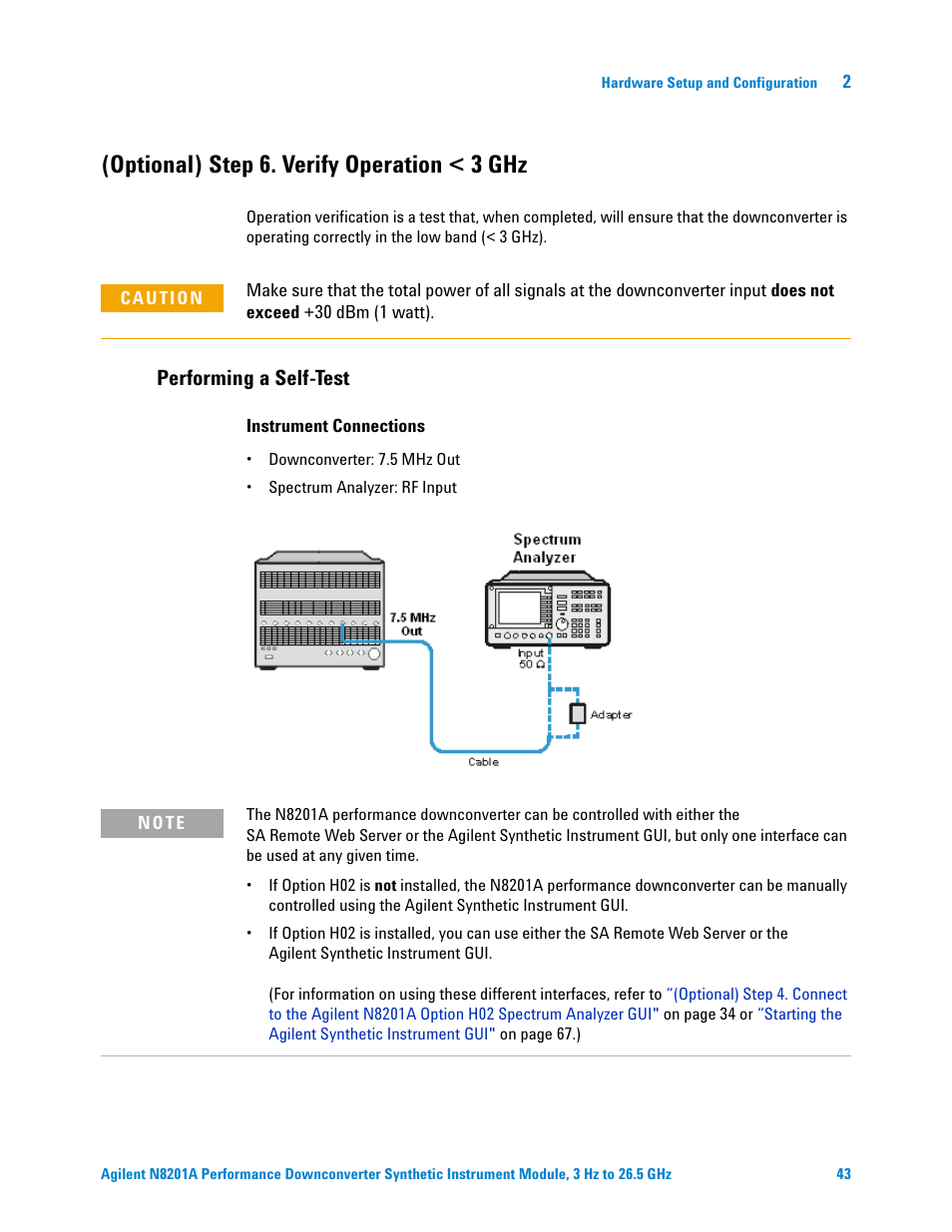 Optional) step 6. verify operation < 3 ghz, Performing a self-test | Agilent Technologies N8201A User Manual | Page 47 / 122