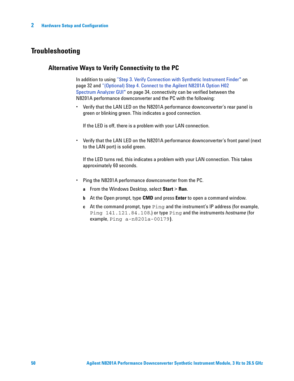 Troubleshooting, Alternative ways to verify connectivity to the pc | Agilent Technologies N8201A User Manual | Page 54 / 122