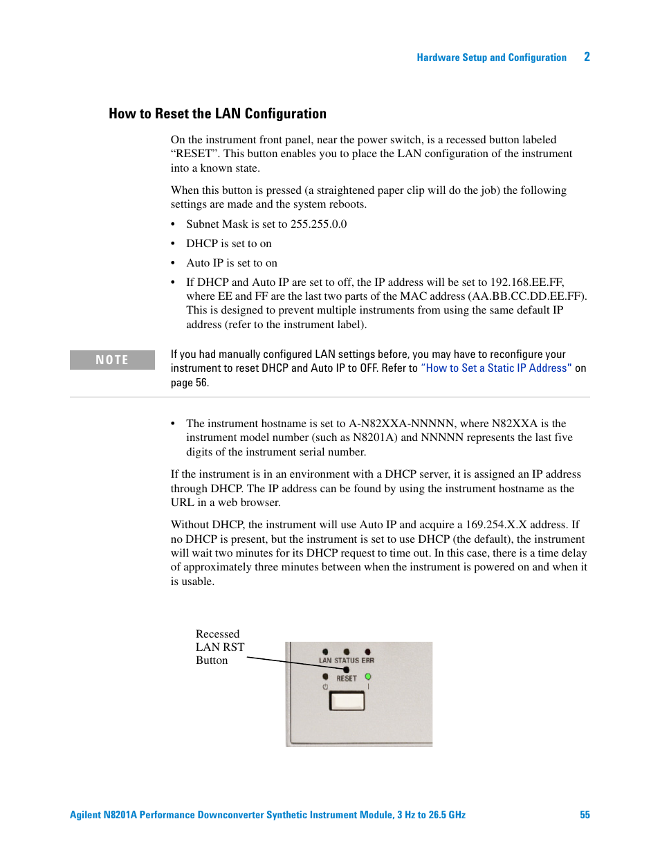 How to reset the lan configuration | Agilent Technologies N8201A User Manual | Page 59 / 122