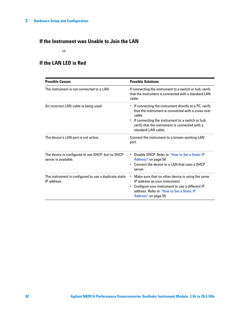 If the instrument was unable to join the lan, If the lan led is red | Agilent Technologies N8201A User Manual | Page 66 / 122