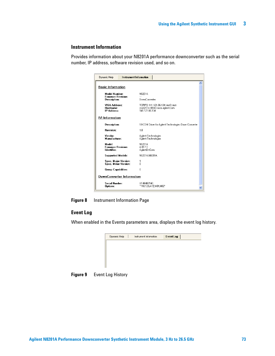 Instrument information, Event log | Agilent Technologies N8201A User Manual | Page 77 / 122