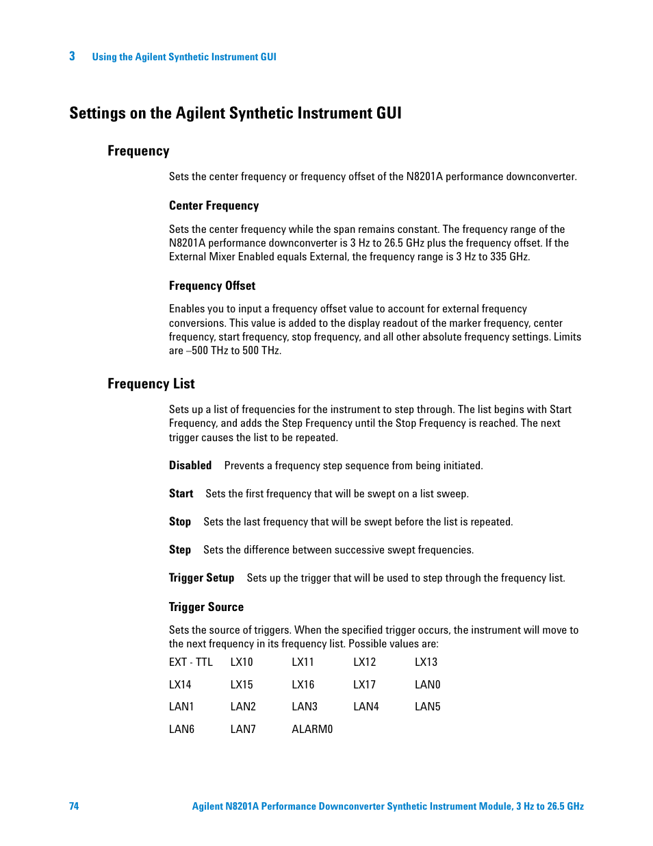 Settings on the agilent synthetic instrument gui, Frequency, Frequency list | Agilent Technologies N8201A User Manual | Page 78 / 122