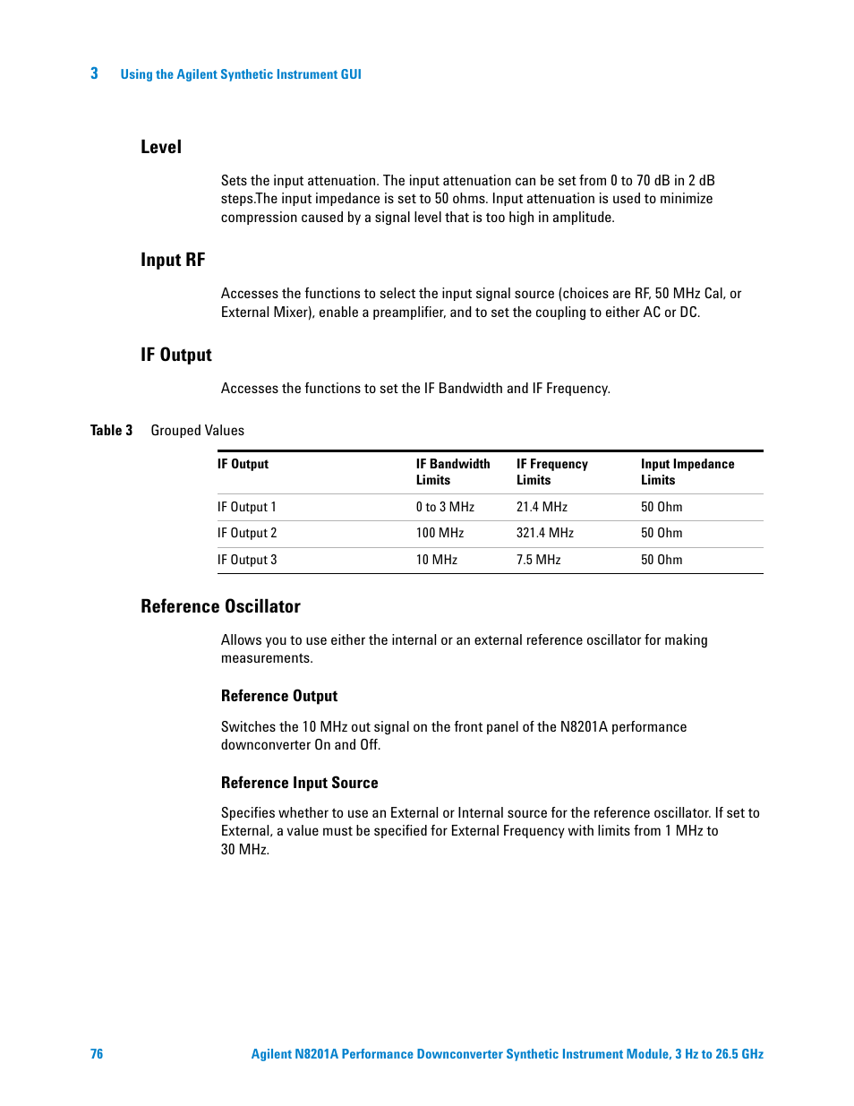 Level, Input rf, If output | Reference oscillator | Agilent Technologies N8201A User Manual | Page 80 / 122