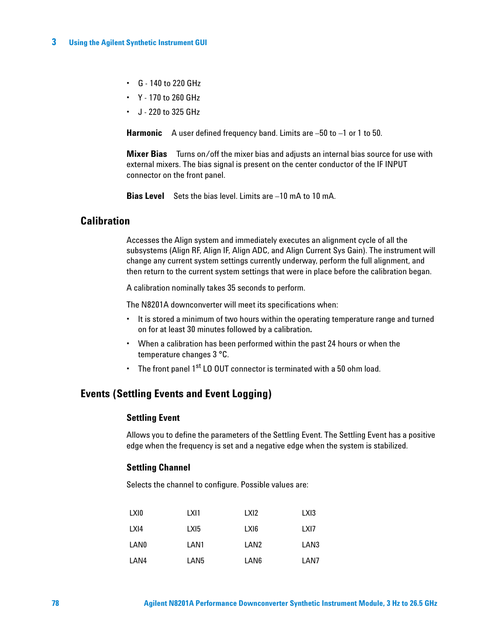 Calibration, Events (settling events and event logging) | Agilent Technologies N8201A User Manual | Page 82 / 122