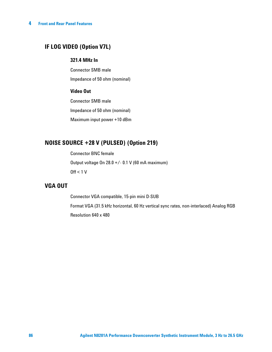 If log video (option v7l), Noise source +28 v (pulsed) (option 219), Vga out | Agilent Technologies N8201A User Manual | Page 90 / 122