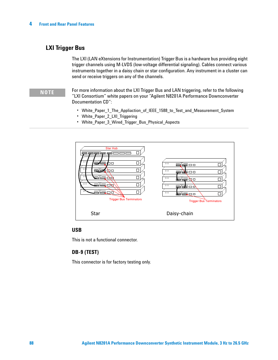 Lxi trigger bus, Db-9 (test), N o t e | This is not a functional connector, This connector is for factory testing only, Star daisy-chain, Front and rear panel features, White_paper_2_lxi_triggering, White_paper_3_wired_trigger_bus_physical_aspects | Agilent Technologies N8201A User Manual | Page 92 / 122