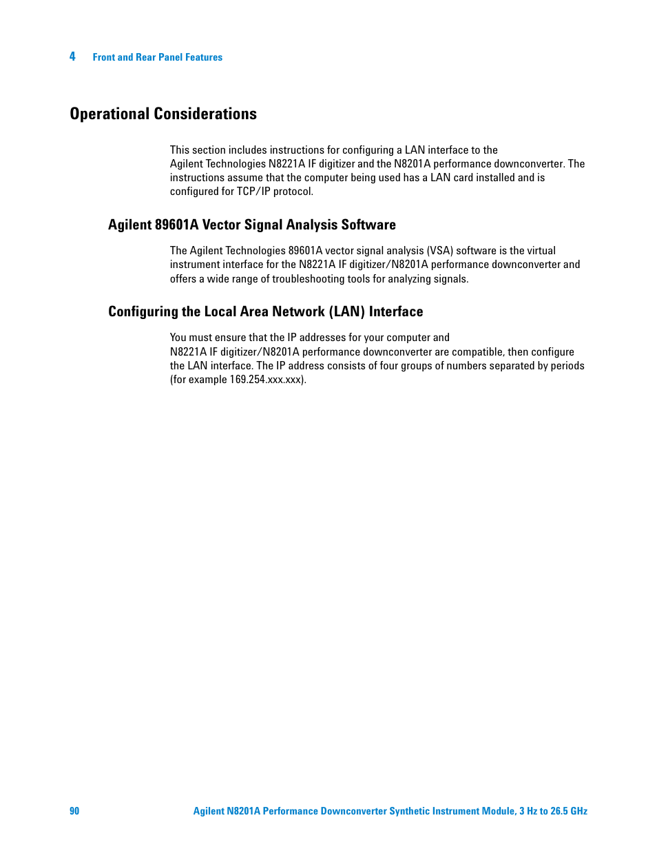 Operational considerations, Agilent 89601a vector signal analysis software, Configuring the local area network (lan) interface | Agilent Technologies N8201A User Manual | Page 94 / 122