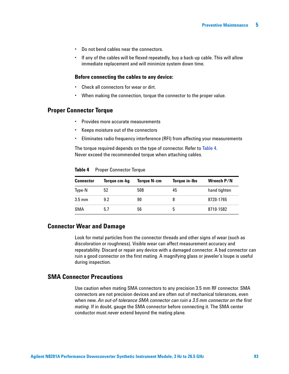 Proper connector torque, Connector wear and damage, Sma connector precautions | Agilent Technologies N8201A User Manual | Page 97 / 122