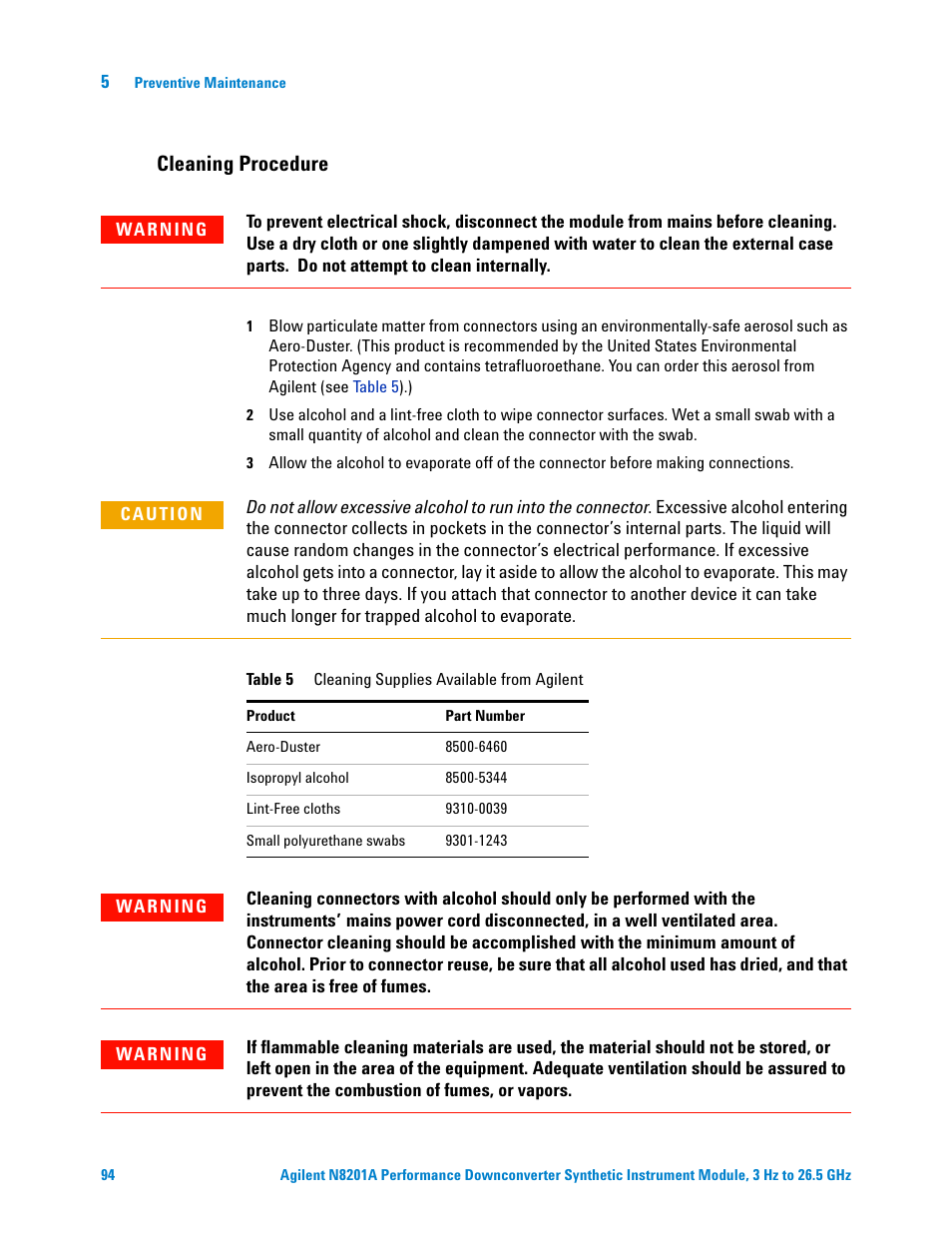 Cleaning procedure | Agilent Technologies N8201A User Manual | Page 98 / 122