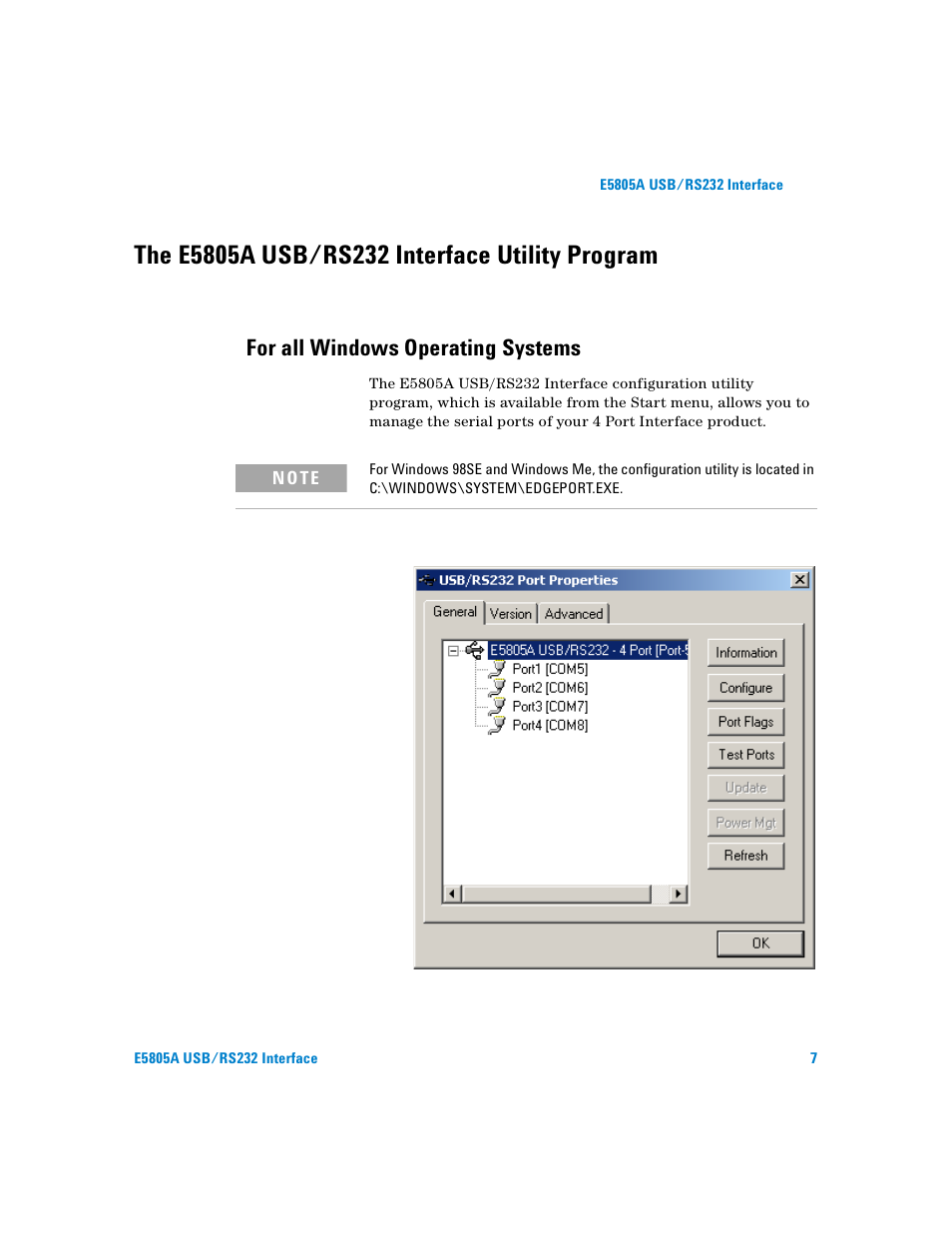 The e5805a usb/rs232 interface utility program, For all windows operating systems | Agilent Technologies E5805A User Manual | Page 11 / 47