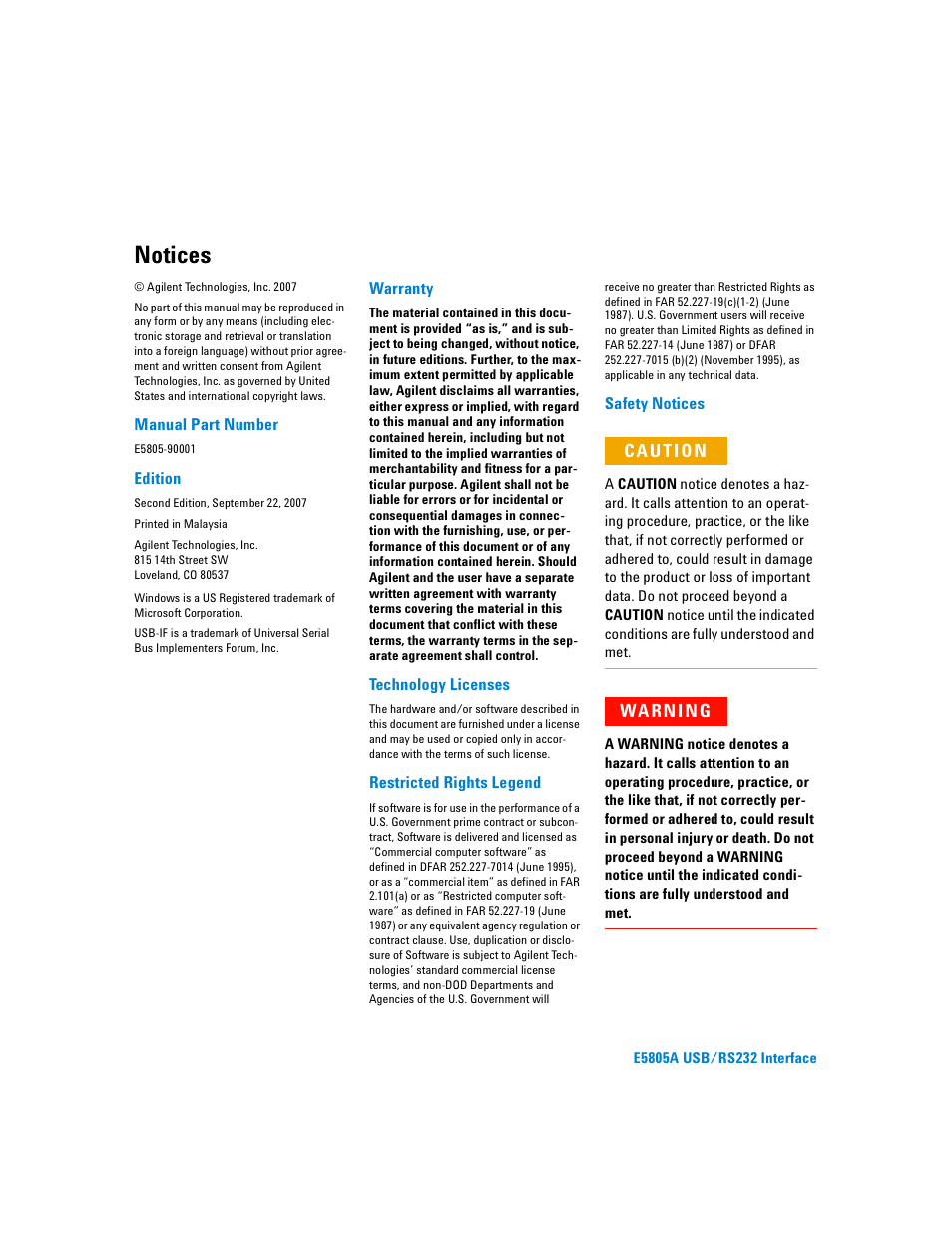 Notices, Wa rn i n g | Agilent Technologies E5805A User Manual | Page 3 / 47