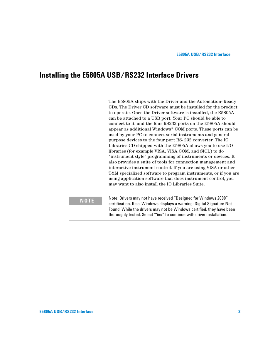 Installing the e5805a usb/rs232 interface drivers, Installing the usb hub & e5805a usb/rs232 drivers | Agilent Technologies E5805A User Manual | Page 7 / 47