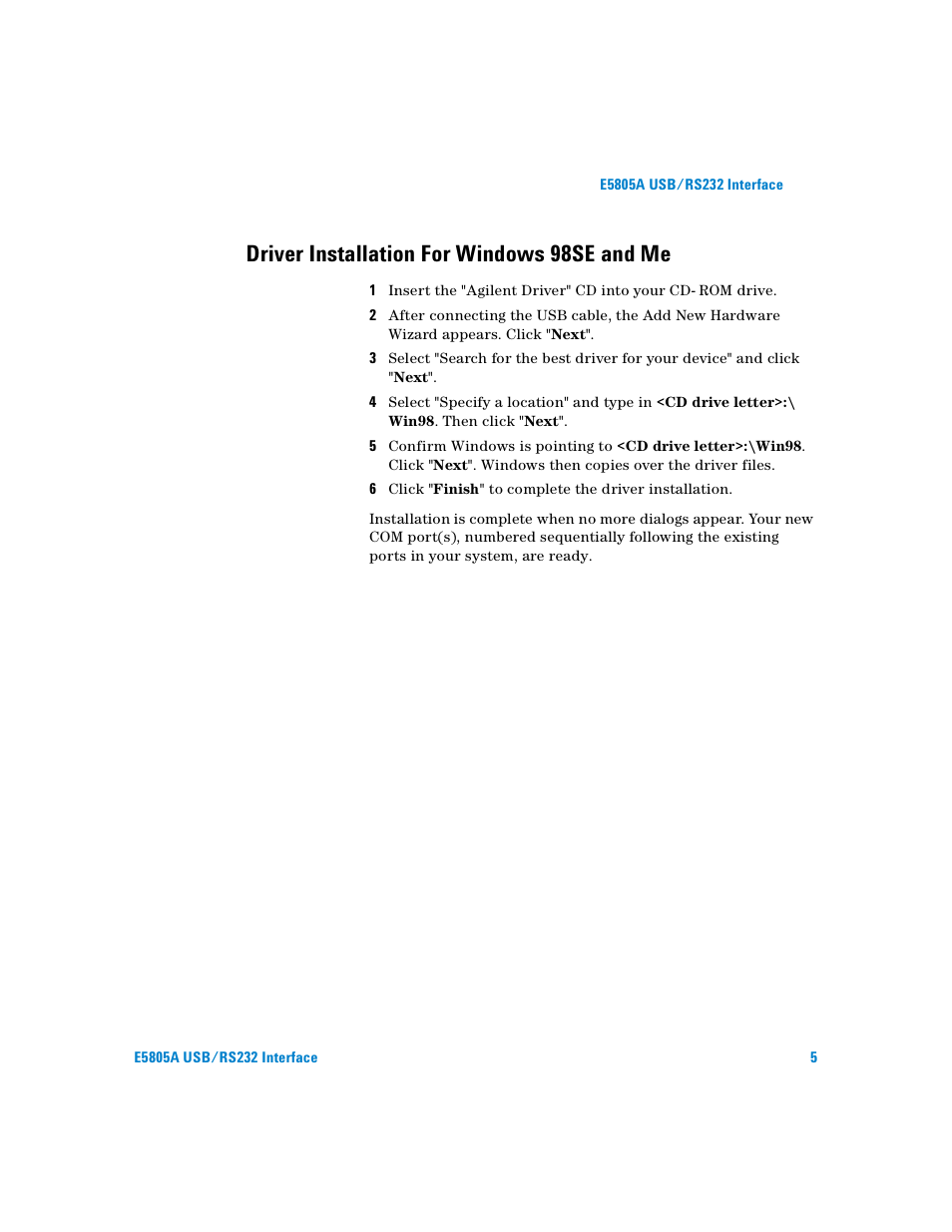 Driver installation for windows 98se and me | Agilent Technologies E5805A User Manual | Page 9 / 47