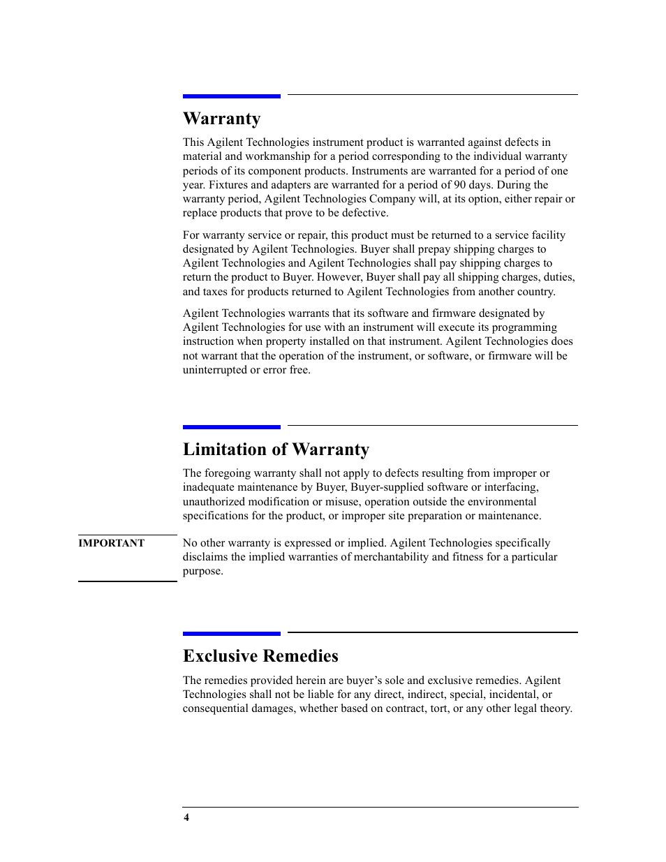 Warranty, Limitation of warranty, Exclusive remedies | Agilent Technologies 16048A User Manual | Page 4 / 21