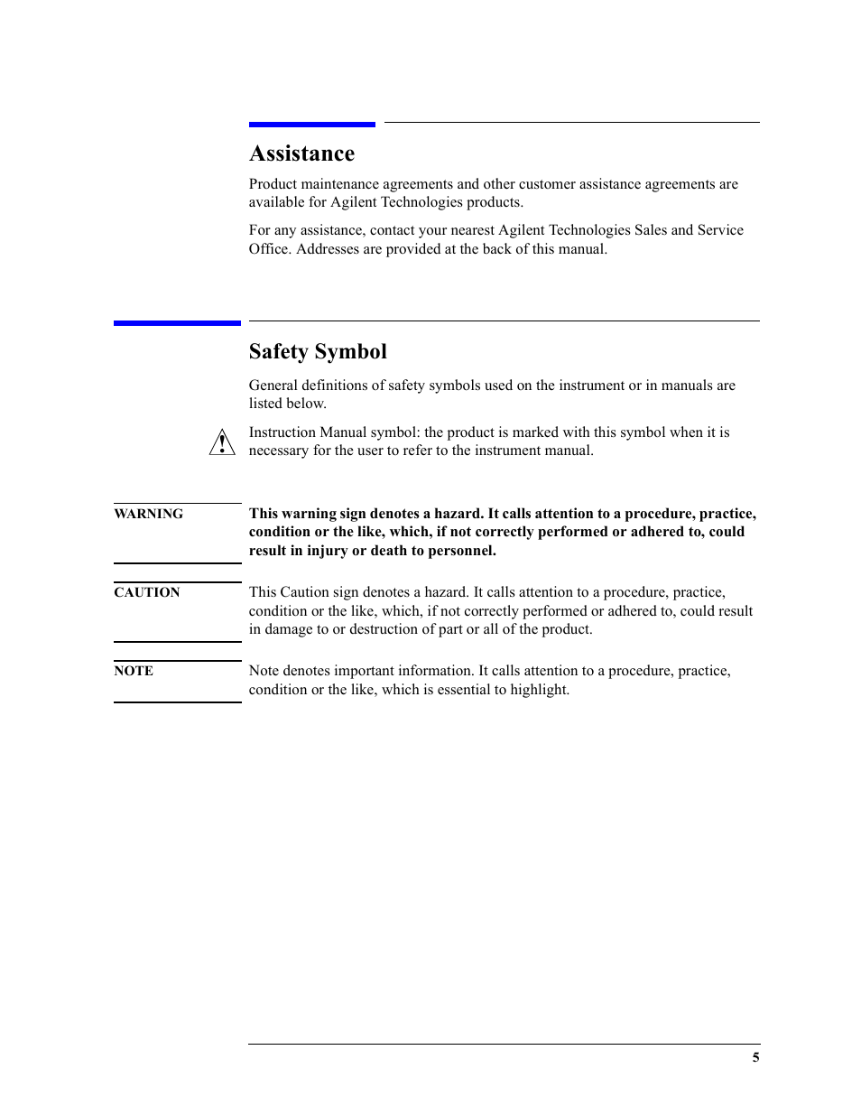 Assistance, Safety symbol | Agilent Technologies 16048A User Manual | Page 5 / 21