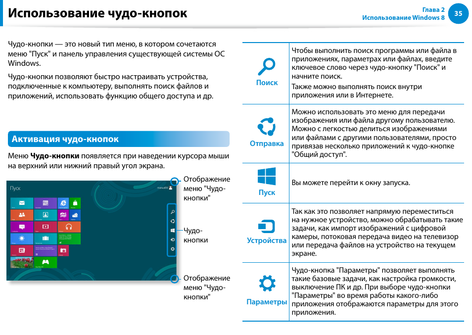 Использование чудо-кнопок, Активация чудо-кнопок | Samsung DP500A2D User Manual | Page 36 / 140