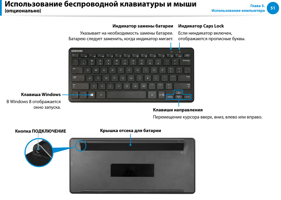 Использование беспроводной клавиатуры и мыши | Samsung DP500A2D User Manual | Page 52 / 140