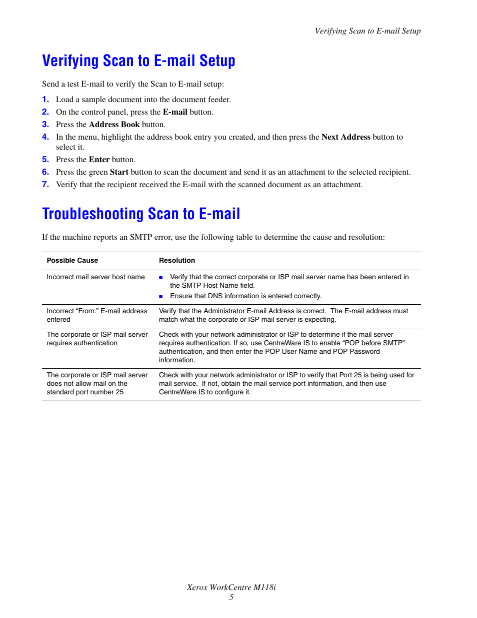 Verifying scan to e-mail setup, Troubleshooting scan to e-mail | Xerox Work Centre M118i User Manual | Page 5 / 5