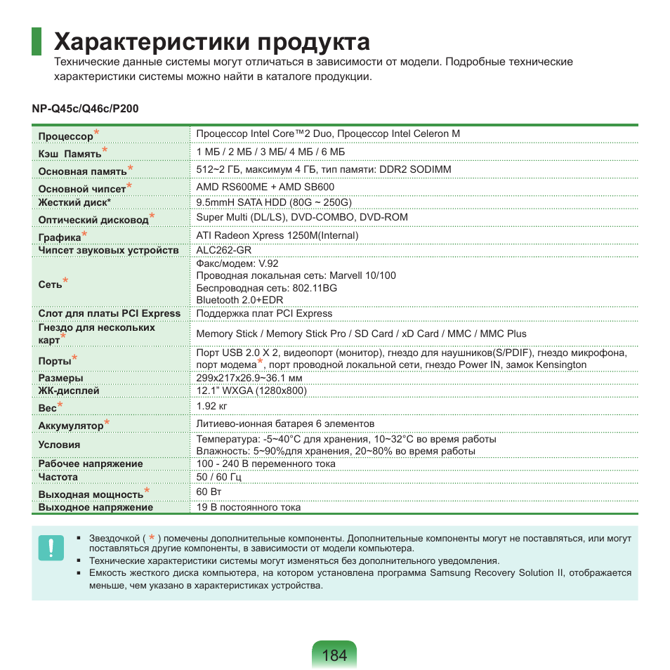 Характеристики продукта | Samsung NP-Q45C User Manual | Page 185 / 197