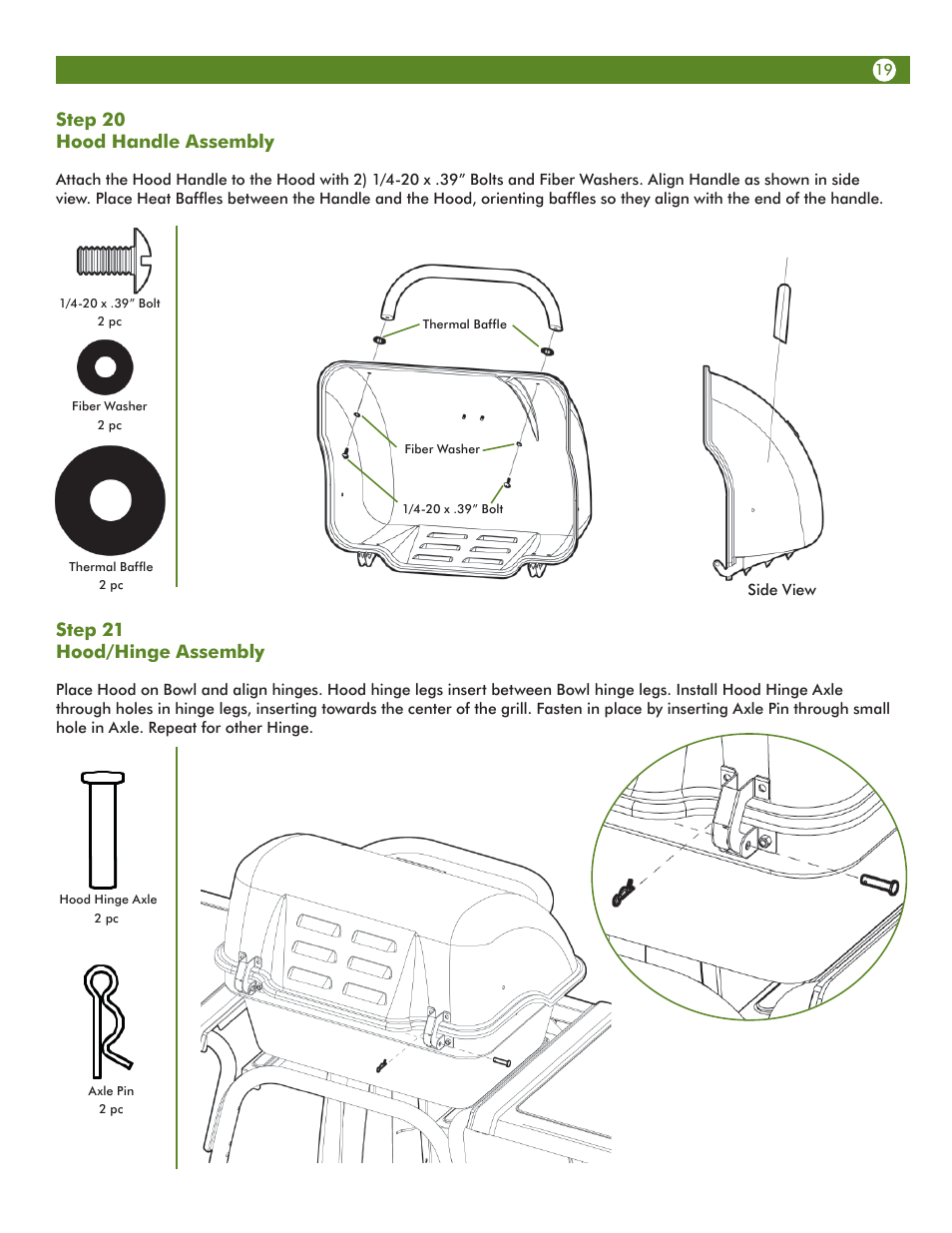 Step 20 hood handle assembly, Step 21 hood/hinge assembly | Aussie VANTAGE 6122S8X641 User Manual | Page 19 / 40