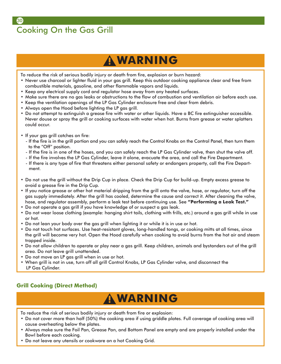 Warning, Cooking on the gas grill | Aussie VANTAGE 6122S8X641 User Manual | Page 30 / 40