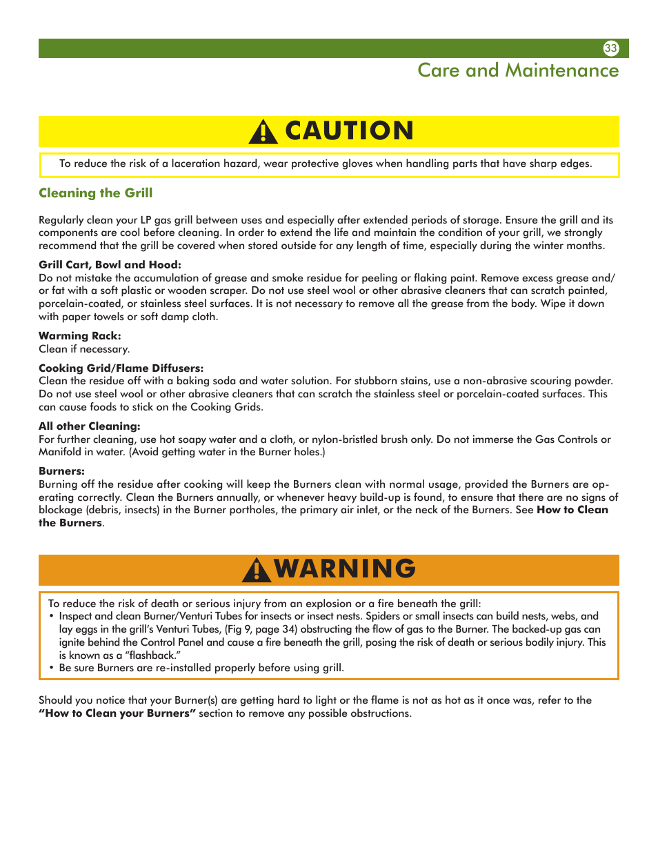 Caution, Warning, Care and maintenance | Aussie VANTAGE 6122S8X641 User Manual | Page 33 / 40