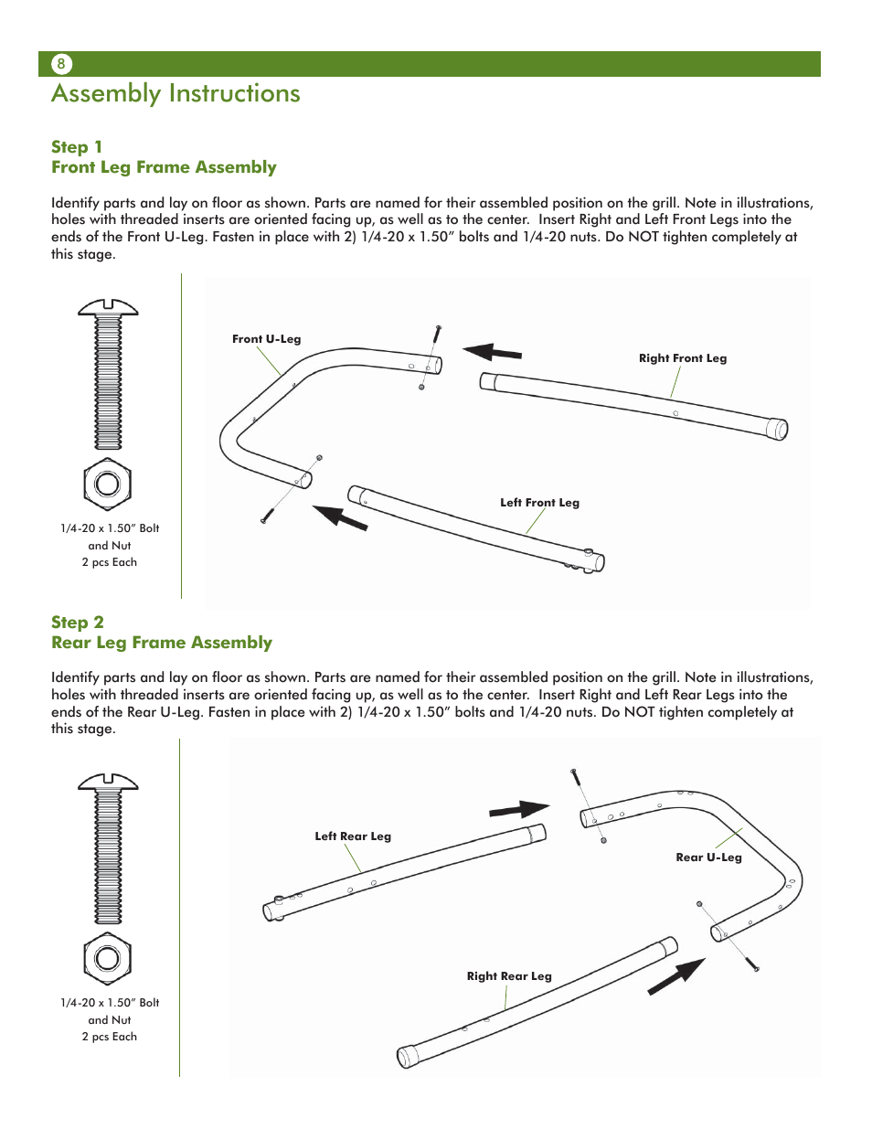 Assembly instructions, Step 1 front leg frame assembly, Step 2 rear leg frame assembly | Aussie VANTAGE 6122S8X641 User Manual | Page 8 / 40