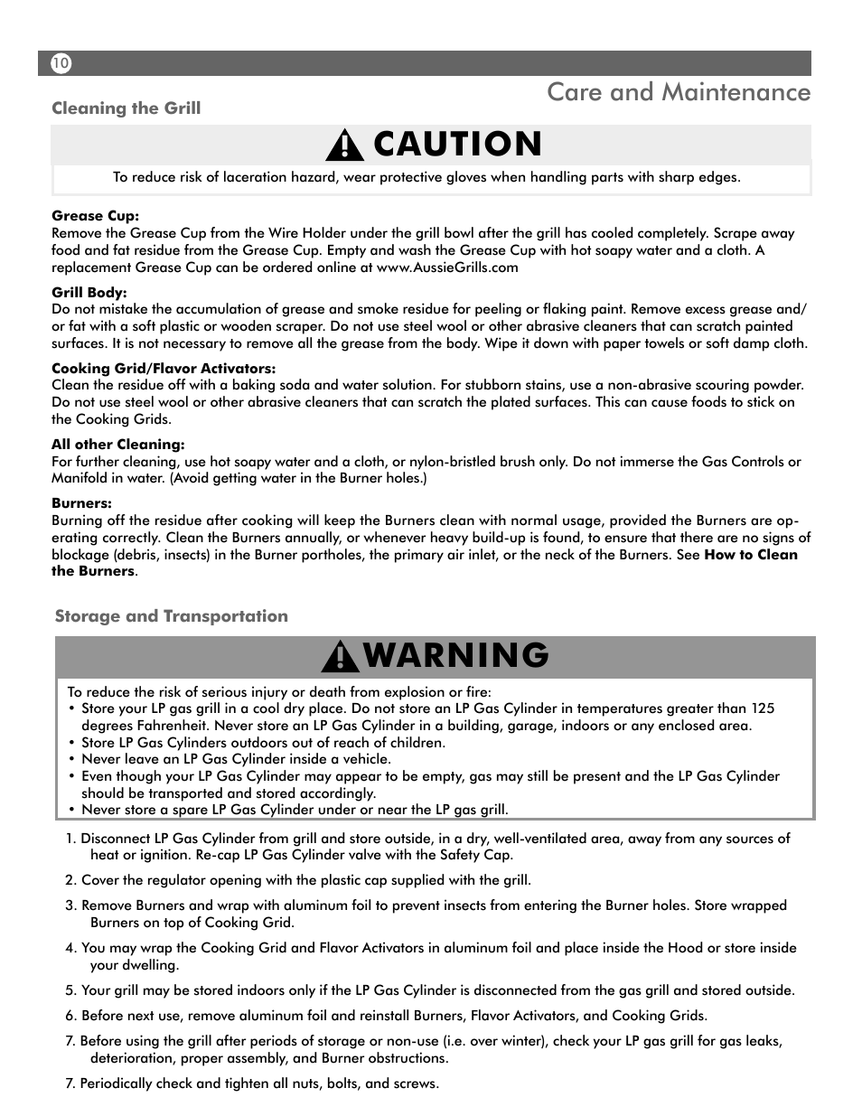 Caution, Warning, Care and maintenance | Aussie WALK-A-BOUT 4280 User Manual | Page 10 / 16