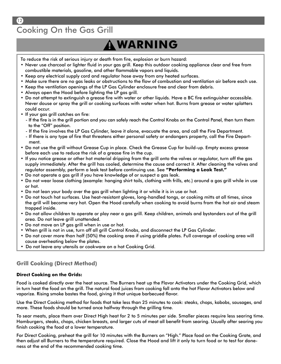 Warning, Cooking on the gas grill | Aussie WALK-A-BOUT 4280 User Manual | Page 12 / 16