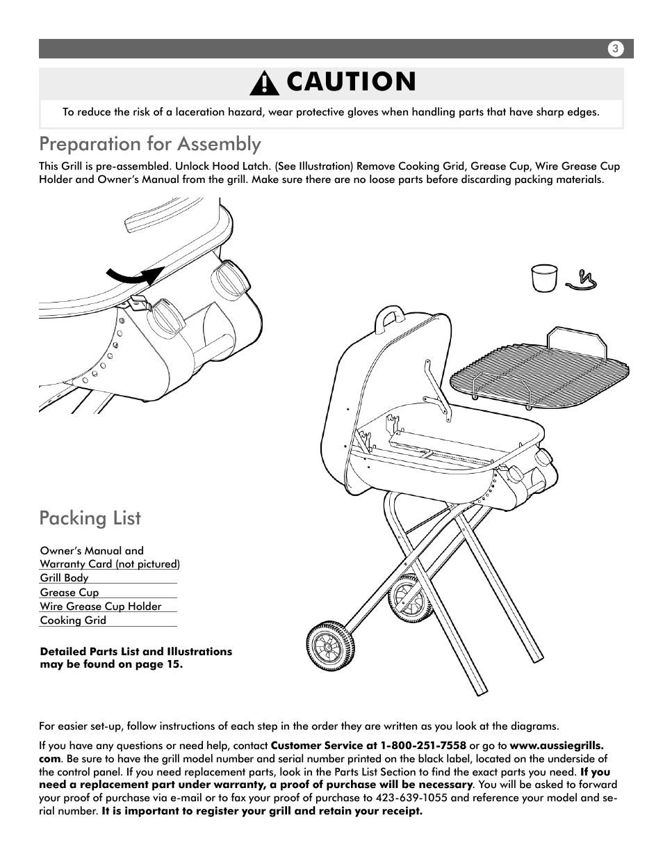 Caution, Preparation for assembly, Packing list | Aussie WALK-A-BOUT 4280 User Manual | Page 3 / 16