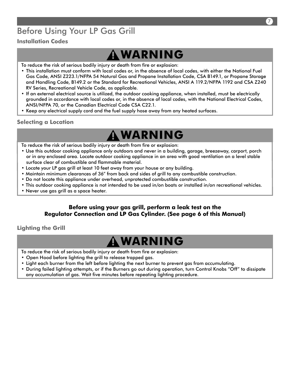 Warning, Before using your lp gas grill | Aussie WALK-A-BOUT 4280 User Manual | Page 7 / 16