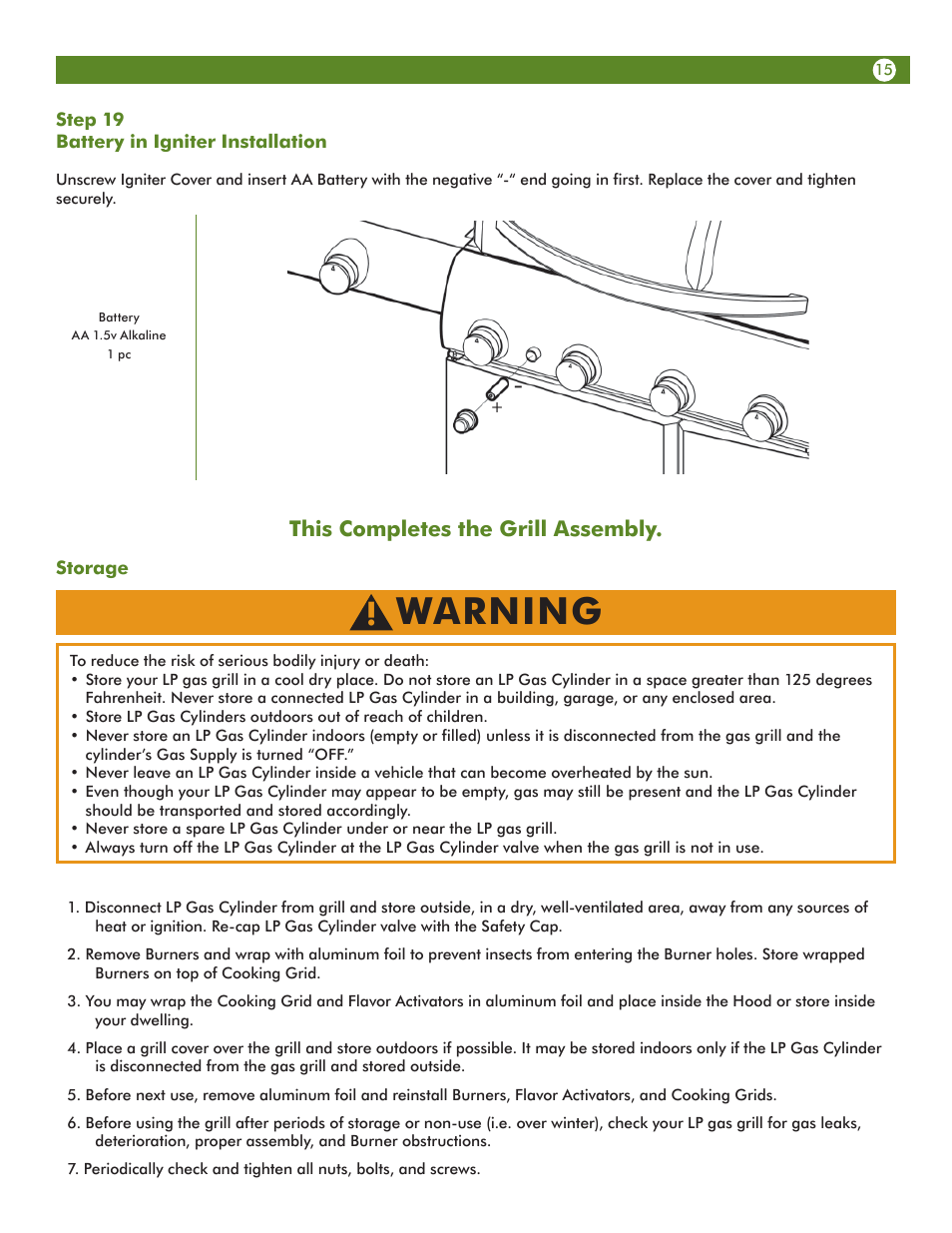 Warning, This completes the grill assembly | Aussie 68R5A9SSS1 User Manual | Page 15 / 40