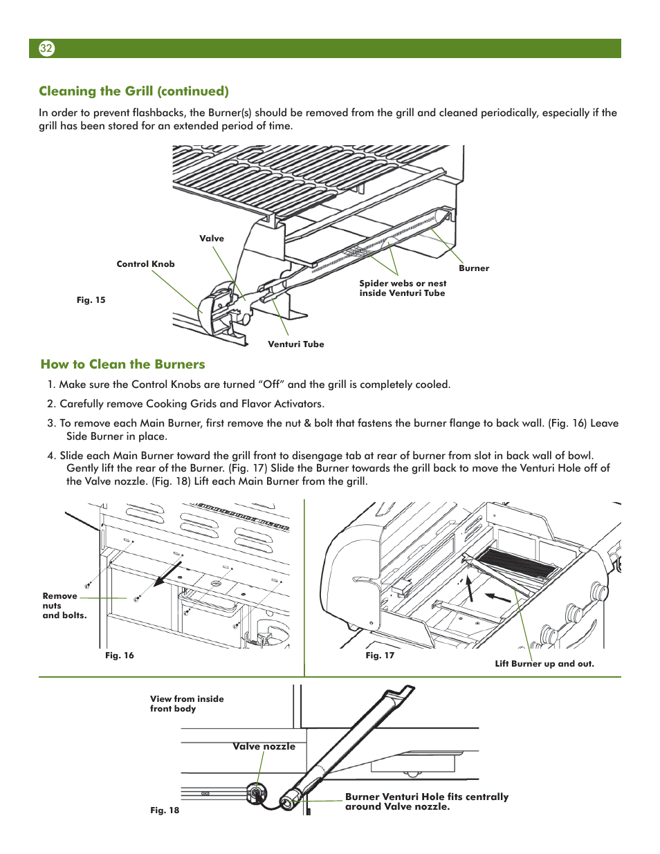 How to clean the burners, Cleaning the grill (continued) | Aussie 68R5A9SSS1 User Manual | Page 32 / 40