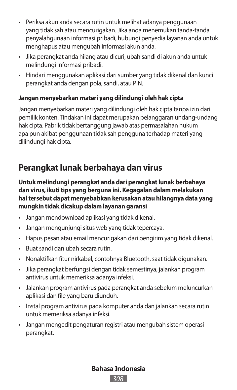 Perangkat lunak berbahaya dan virus | Samsung SM-R382 User Manual | Page 309 / 674