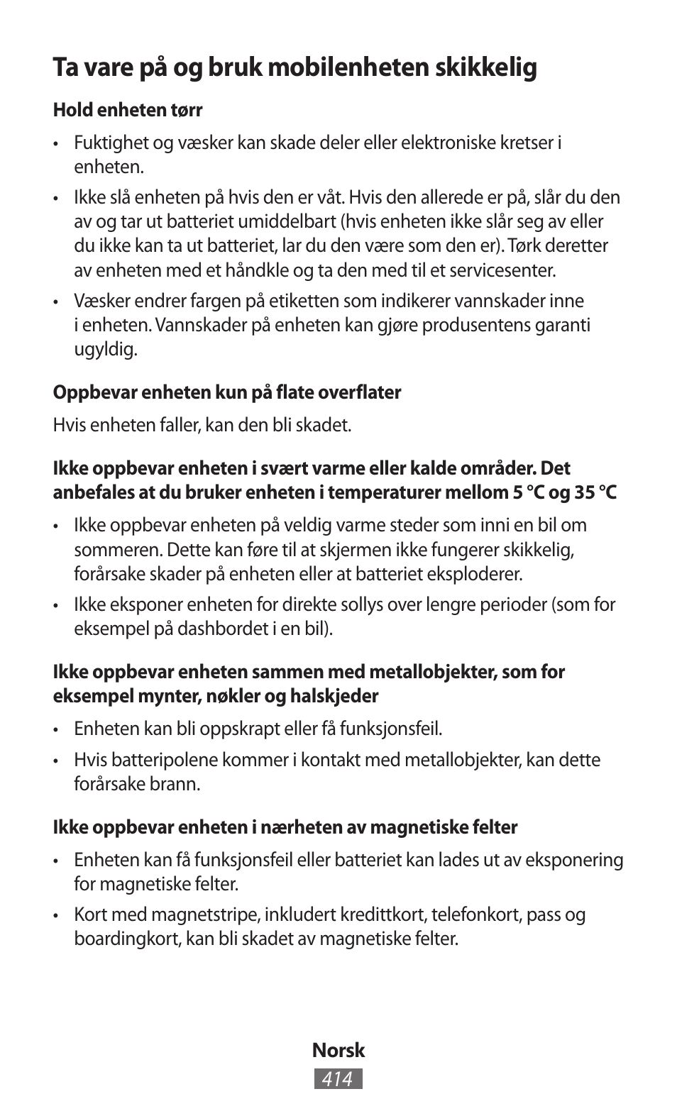 Ta vare på og bruk mobilenheten skikkelig | Samsung SM-R382 User Manual | Page 415 / 674