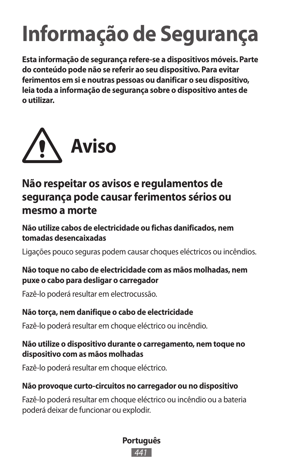 Português, Informação de segurança, Aviso | Samsung SM-R382 User Manual | Page 442 / 674