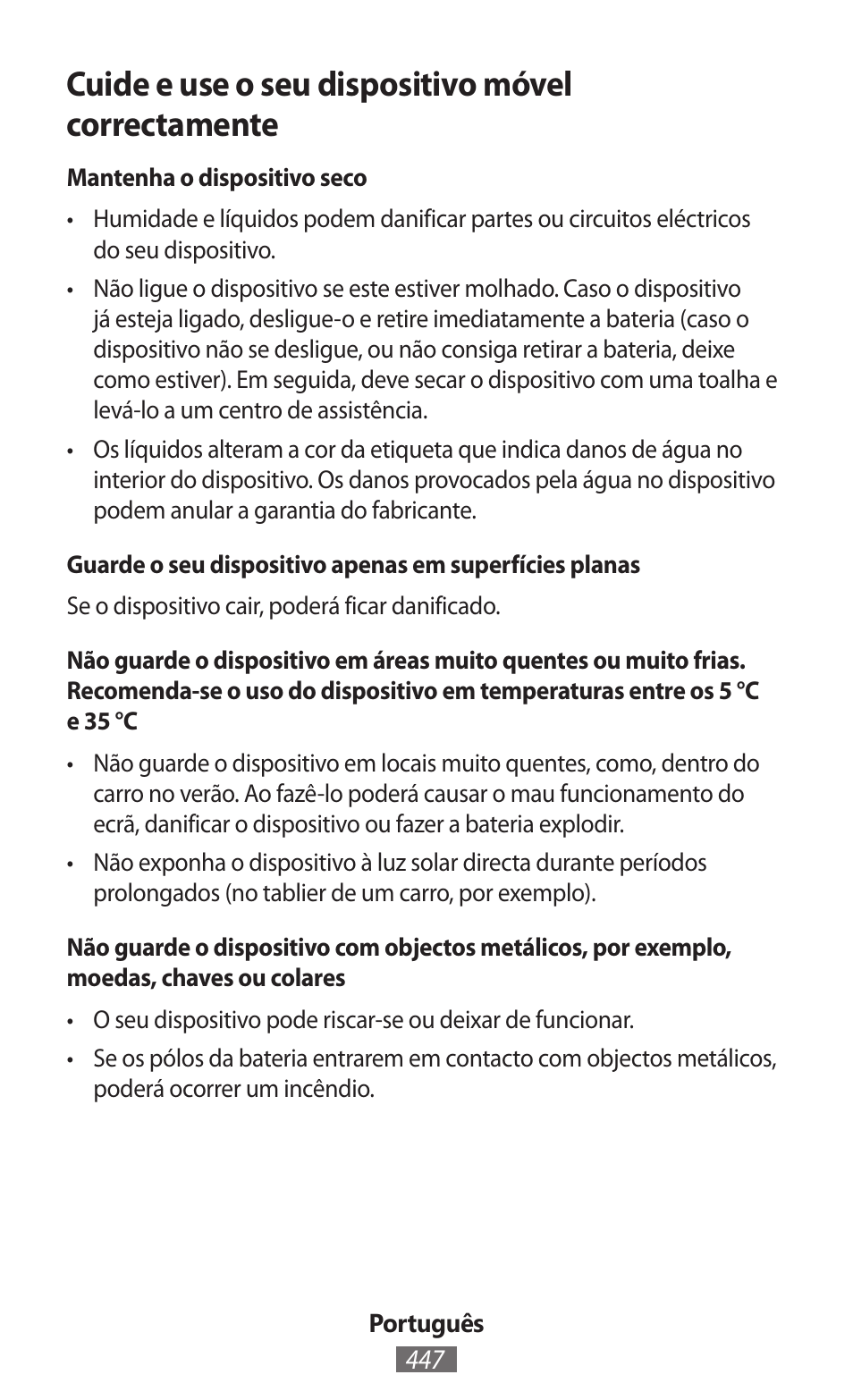 Cuide e use o seu dispositivo móvel correctamente | Samsung SM-R382 User Manual | Page 448 / 674