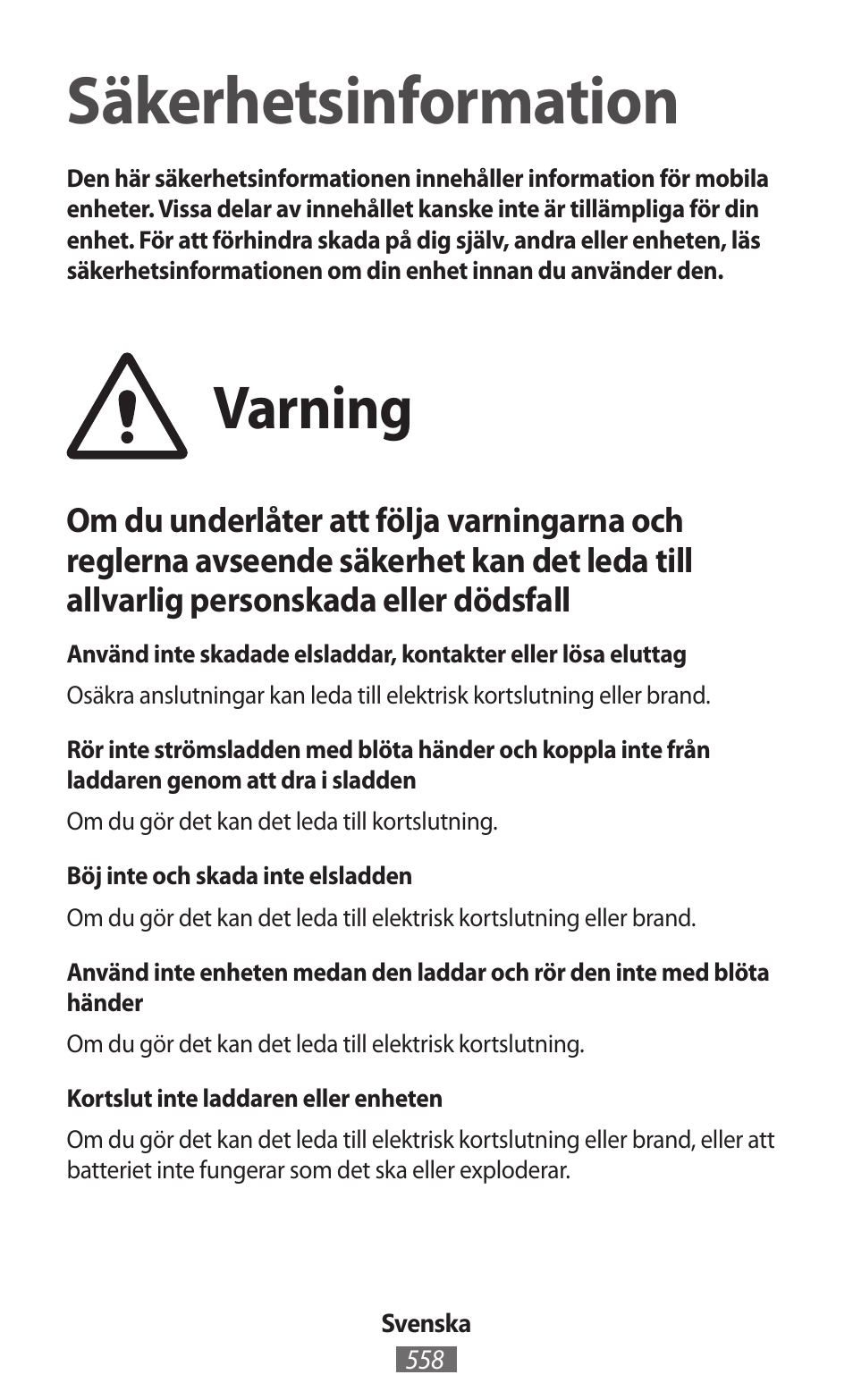 Svenska, Säkerhetsinformation, Varning | Samsung SM-R382 User Manual | Page 559 / 674