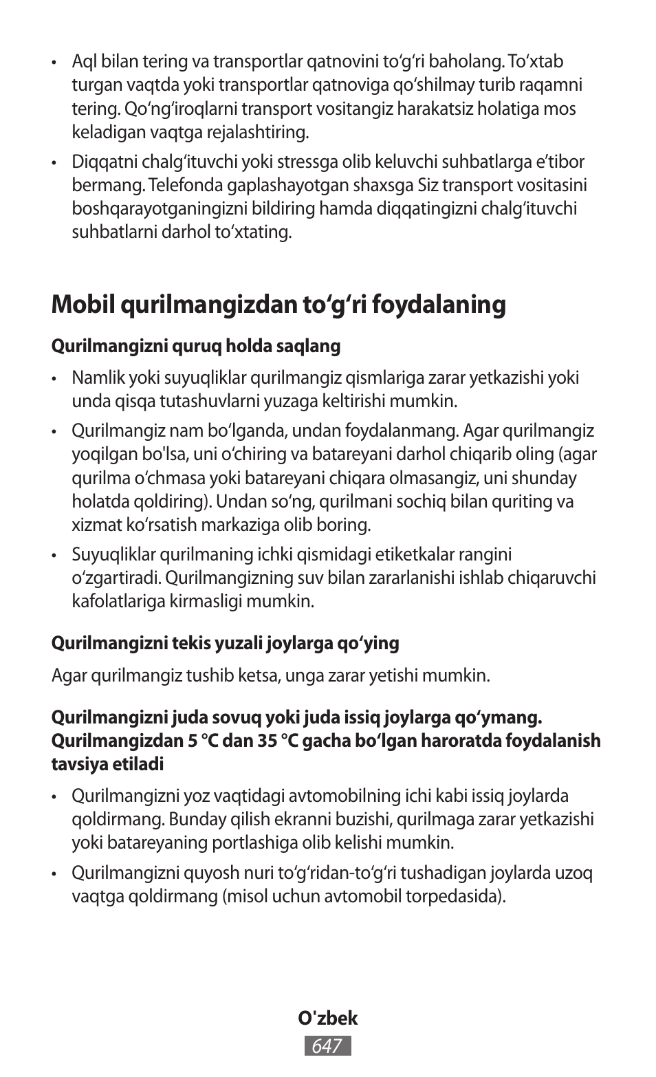 Mobil qurilmangizdan to‘g‘ri foydalaning | Samsung SM-R382 User Manual | Page 648 / 674