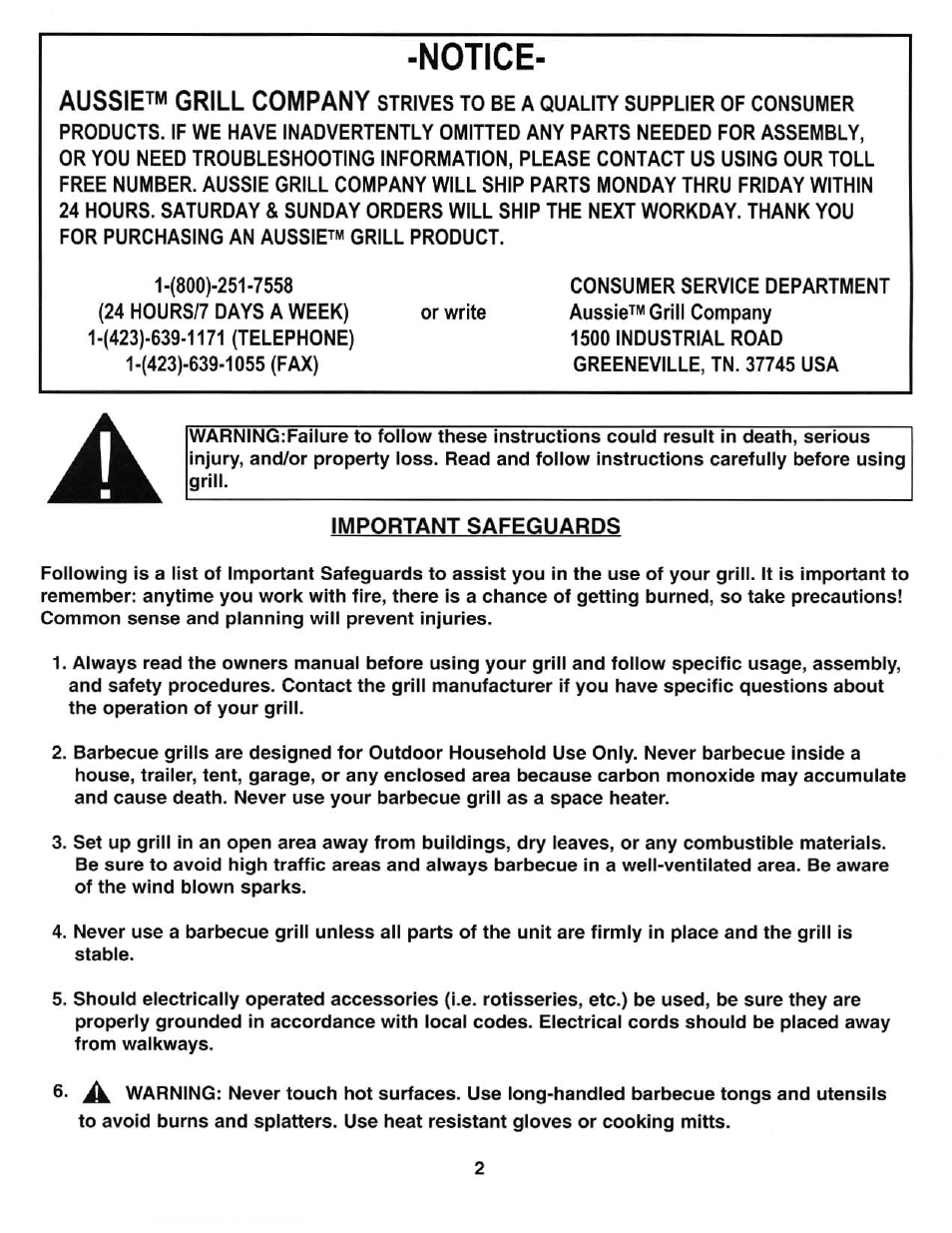 Notice, Aussietm grill company | Aussie 4200 User Manual | Page 2 / 8