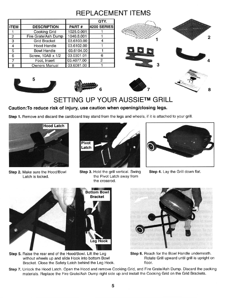 Replacement items, Setting up your aussietm grill, 8setting up your | Grill, Aussie | Aussie 4200 User Manual | Page 5 / 8