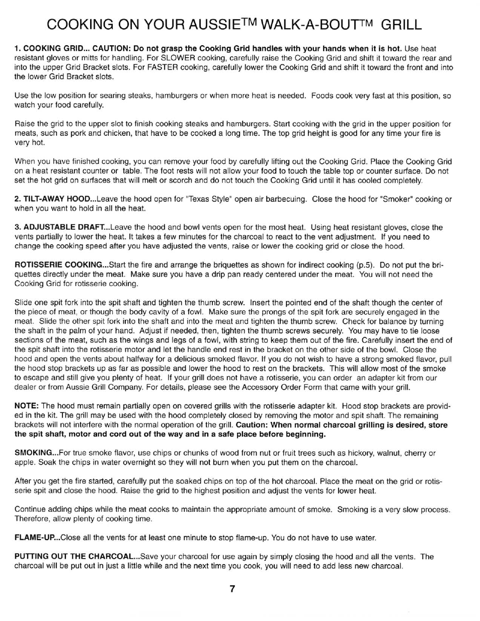 Cooking on your aussie, Alk-a-bout, Grill | Aussie 4200 User Manual | Page 7 / 8