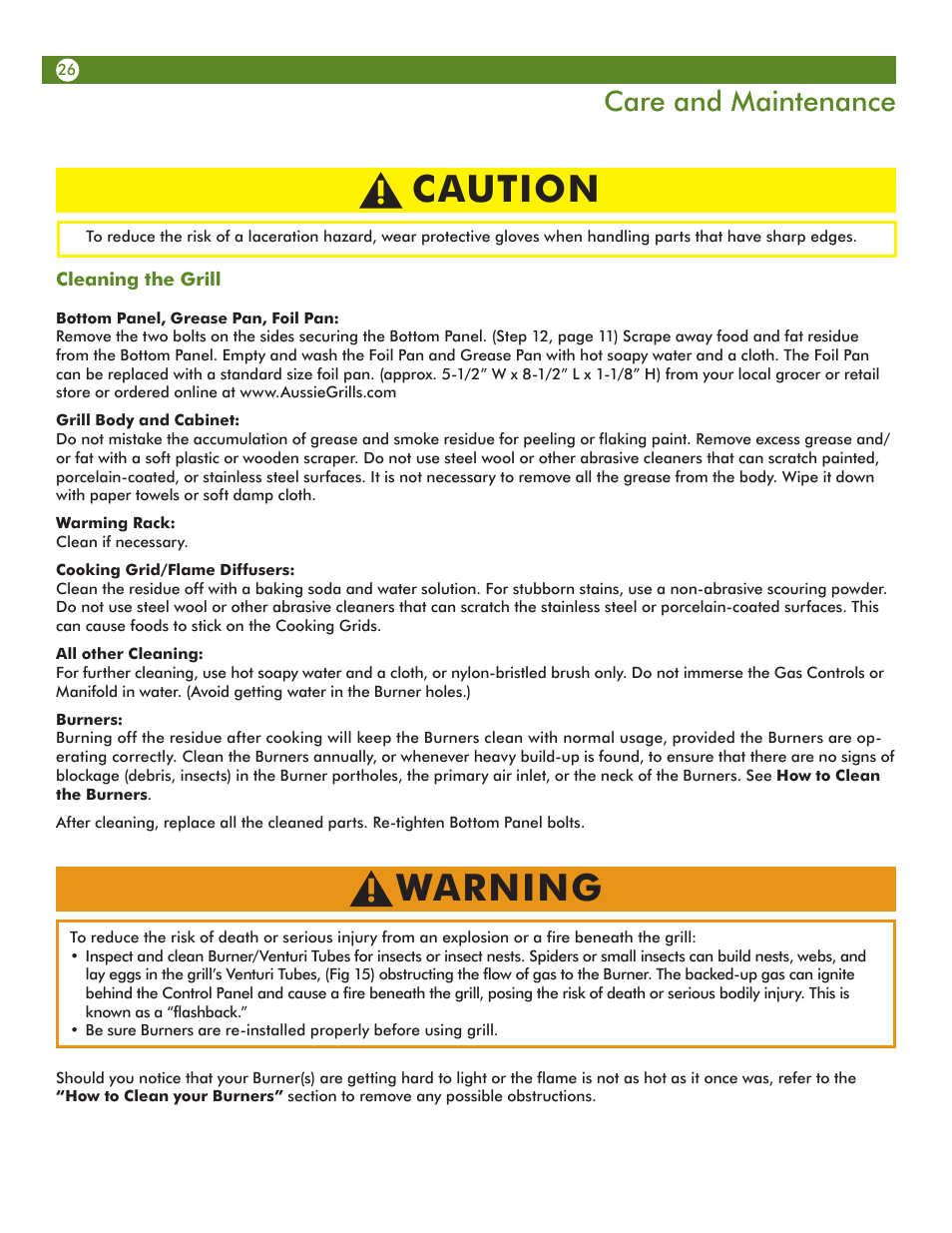 Caution, Warning, Care and maintenance | Aussie Vantage LP 6703C8FKK1 User Manual | Page 26 / 36