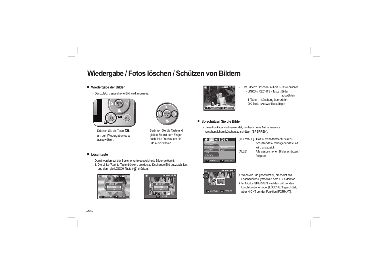 Wiedergabe / fotos löschen / schützen von bildern | Samsung L110 User Manual | Page 27 / 98
