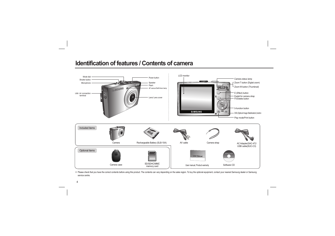 Identification of features / contents of camera | Samsung L110 User Manual | Page 5 / 98