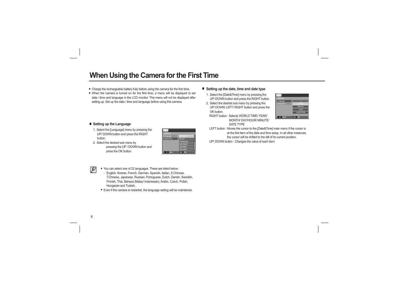 When using the camera for the first time | Samsung L110 User Manual | Page 7 / 98